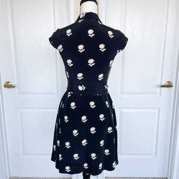 Kate Spade 100% Silk Size 0 Black White Contrast Floral Ruffled Belted Dress wit - Picture 9 of 11